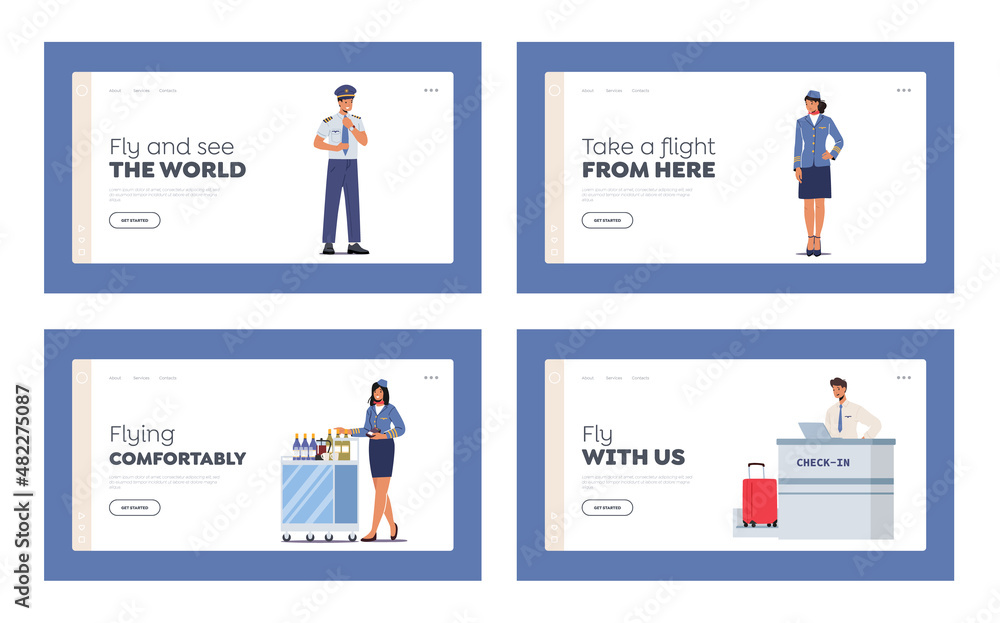 Airport Staff, Airline Employees Landing Page Template Set. Pilot of Airplane, Airport Employee, Security and Stewardess
