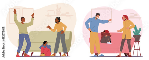 Family Quarrel, Conflict between Parents and Children Concept. Characters Mother and Father Yelling on Each Other