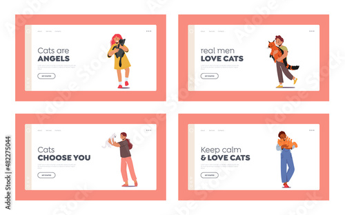 Kids Love and Hug Cats Landing Page Template Set. Children Girls and Boys Cuddle with Pets, Holding Cute Kittens