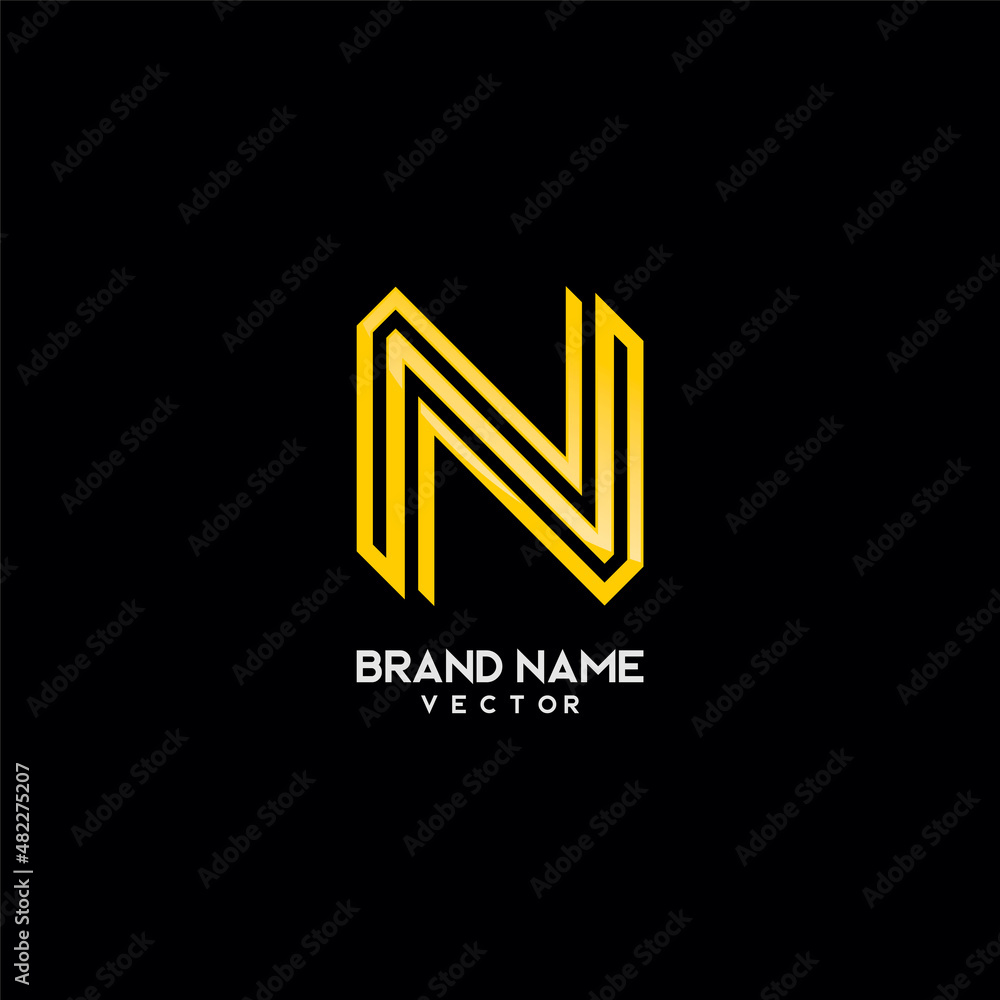 N Letter In Gold Line Art Logo Template.
