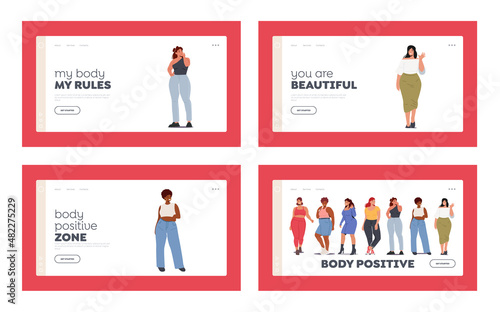 Plus Size Stylish Ladies Landing Page Template Set. Over Size Female Characters, Beautiful Women Wear Casual Clothes