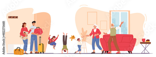 Happy Grandchildren Visit Grandparents Concept. Father, Mother and Kids Rejoice for Coming to Grandmother or Grandfather