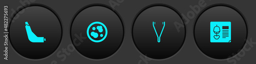 Set Inhaler, Petri dish with bacteria, Medical tweezers and X-ray shots icon. Vector