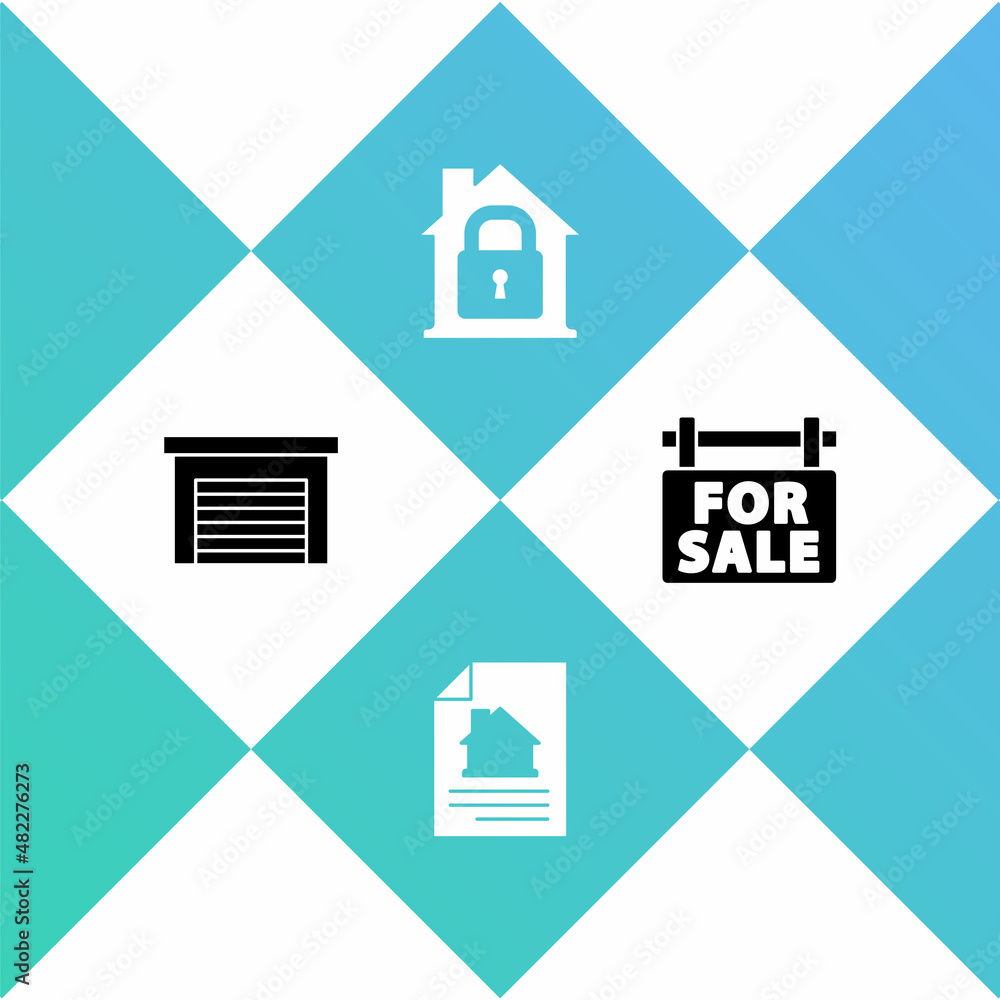 Set Garage, House contract, under protection and Hanging sign with For Sale icon. Vector Set Garage, House contract, under protection and Hanging sign with For Sale icon. Vector