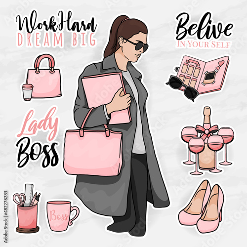 office element clip art set with a women lady boss modern sticker elements