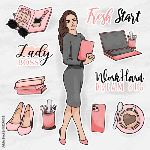 office element clip art set with a women lady boss modern sticker elements