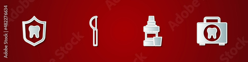 Set Dental protection, floss, Mouthwash bottle and First aid kit icon. Vector