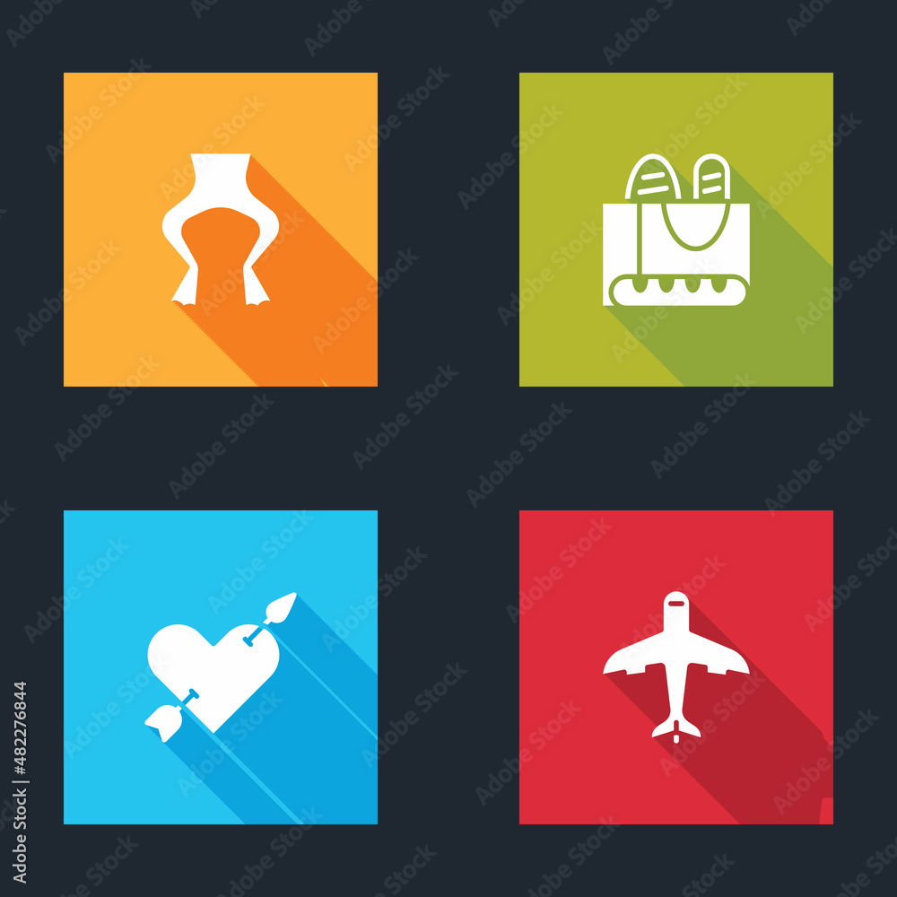 Set Frog legs, French baguette bread, Amour with heart and arrow and Plane icon. Vector Set Frog legs, French baguette bread, Amour with heart and arrow and Plane icon. Vector