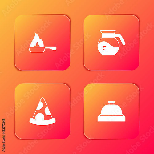 Set Frying pan, Coffee pot, Slice pizza and Hotel service bell icon. Vector