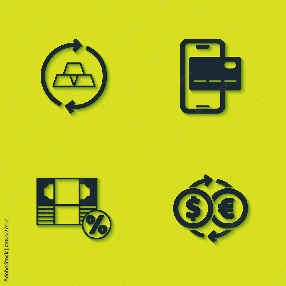Set Gold bars, Money exchange, percent and Mobile banking icon. Vector Set Gold bars, Money exchange, percent and Mobile banking icon. Vector