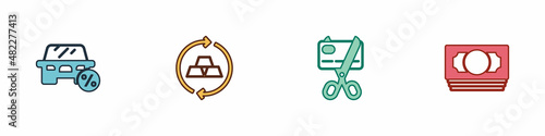 Set Car leasing percent, Gold bars, Scissors cutting credit card and Stacks paper money cash icon. Vector