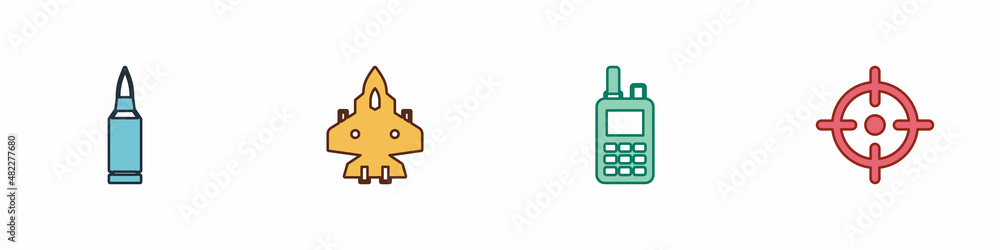 Set Bullet, Jet fighter, Walkie talkie and Target sport icon. Vector Set Bullet, Jet fighter, Walkie talkie and Target sport icon. Vector