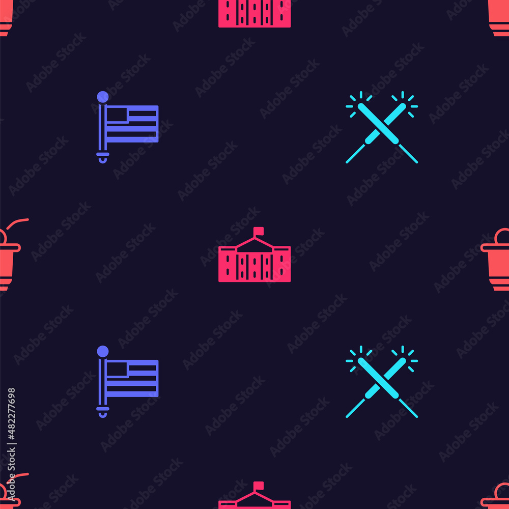 Set Sparkler firework, American flag, United States Capitol Congress and Beer pong game on seamless pattern. Vector