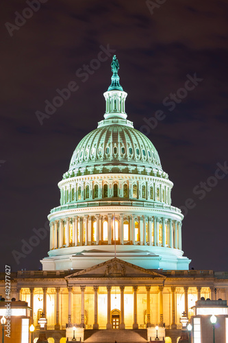 The United States Capitol at night, often called the Capitol Building, is the home of the United States Congress and the legislative branch of the U.S. federal government. Washington, United States.