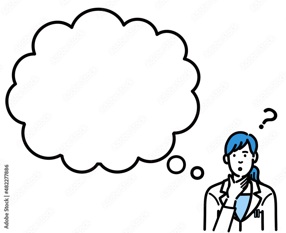 吹き出し 考えている白衣を着た若い女性医師
吹き出し 考えている白衣を着た若い女性医師