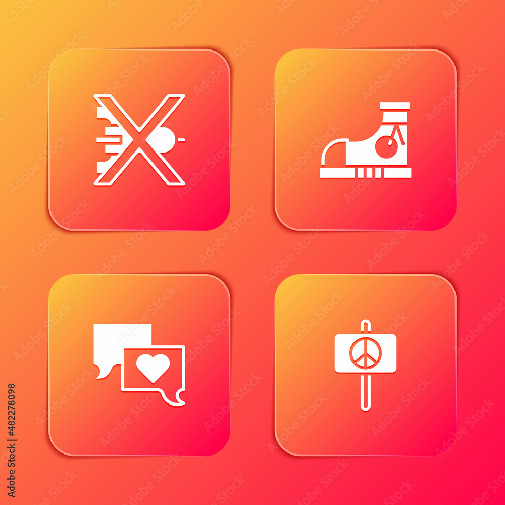 Set No war, Sneakers, Speech bubble chat and Peace icon. Vector Set No war, Sneakers, Speech bubble chat and Peace icon. Vector