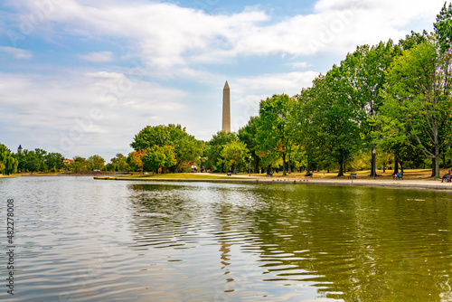 The Washington Monument is an obelisk on the National Mall in Washington, D.C., built to commemorate George Washington, once commander-in-chief of the Continental Army and the first president. photo