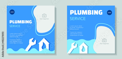 Plumbing service social media post banner set, handyman business advertisement concept, blue corporate marketing square ad, repairman flyer, leaflet, isolated.