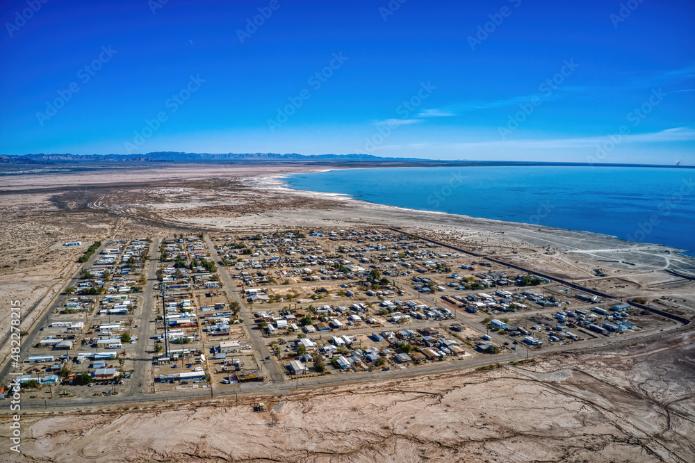 Aerial View of the Ghost Town of Bombay Beach, California on the Salton Sea