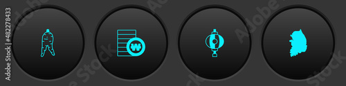 Set Ginseng root, South Korean won coin, lantern and map icon. Vector