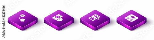 Set Isometric Casino chips exchange, Online poker table game, Slot machine and Lottery ticket icon. Vector