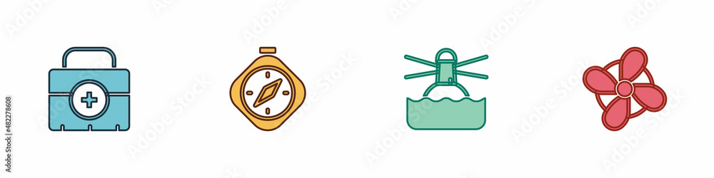 Set First aid kit, Compass, Lighthouse and Boat propeller icon. Vector Set First aid kit, Compass, Lighthouse and Boat propeller icon. Vector