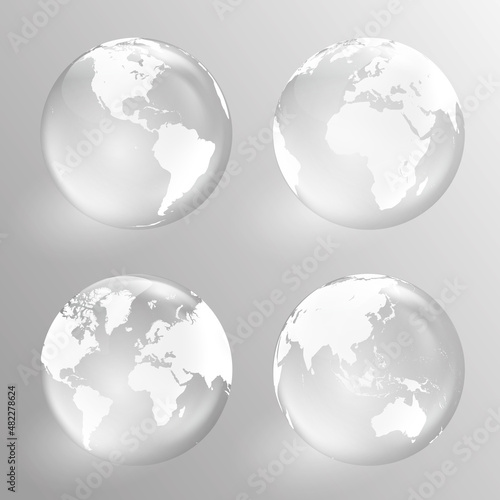 Glass Globe vector set. World map icon. Transparent earth 
