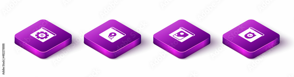 Set Isometric Browser setting, Infographic of city map, Photo retouching and with shield icon. Vector Set Isometric Browser setting, Infographic of city map, Photo retouching and with shield icon. Vector