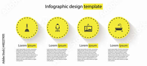 Set Rubber plunger, Office chair, Picture and Bathtub. Business infographic template. Vector