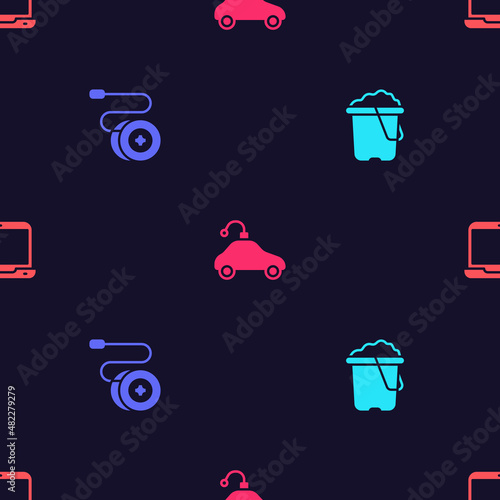 Set Sand in bucket, Yoyo toy, Radio controlled car and Laptop on seamless pattern. Vector