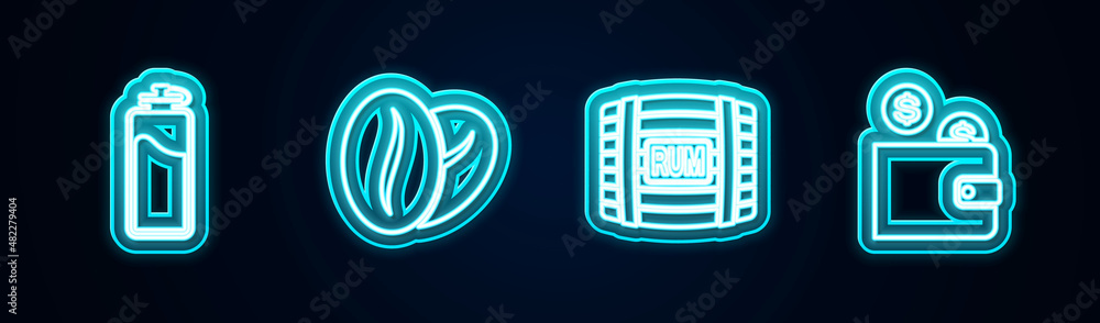 Set line Sport bottle with water, Coffee beans, Wooden barrel rum and Wallet coin. Glowing neon icon. Vector Set line Sport bottle with water, Coffee beans, Wooden barrel rum and Wallet coin. Glowing neon icon. Vector