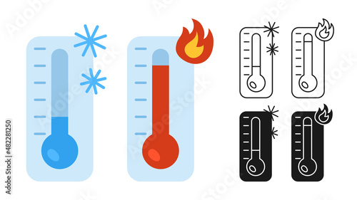 Temperature icon hot and cold set. Symbol hot, warm with sun, cold and snowflake meteorology thermometers. Celsius and Fahrenheit equipment temperature measuring. Vector sign collection
