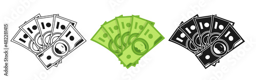 Banknote fan money flat cartoon or stamp, doodle outline set. Pile of dollars cash, green banknotes, paper bills. Pay wage dollar fan, jackpot win, banking finance investment. Vector illustration
