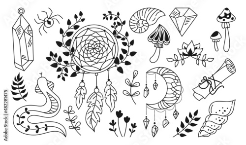 Mystic doodle set, witchcraft symbols crystal, shell, dreamcatcher, spider, snake. Magician sign alchemy and esoteric. Spiritual boho hand drawn elements. For tattoo, stamp, print occult witch vector