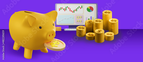 Piggy bank and gold coins a...