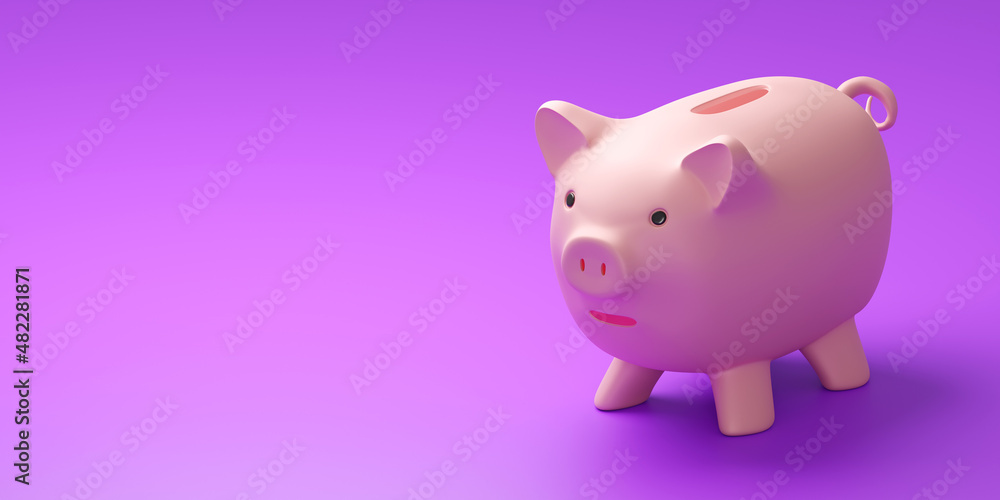 Pig piggy bank on purple. Financial savings symbol. Money box for saving money. Concept of using banking services. Saving your own income. Personal finance. Caring for financial well-being. 3d image.