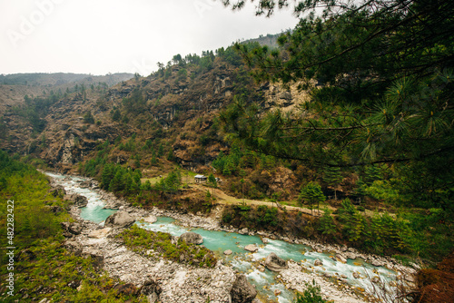 Beautiful mountain landscape in Himalayas, Nepal. Big mountains, blue river and fresh air. photo