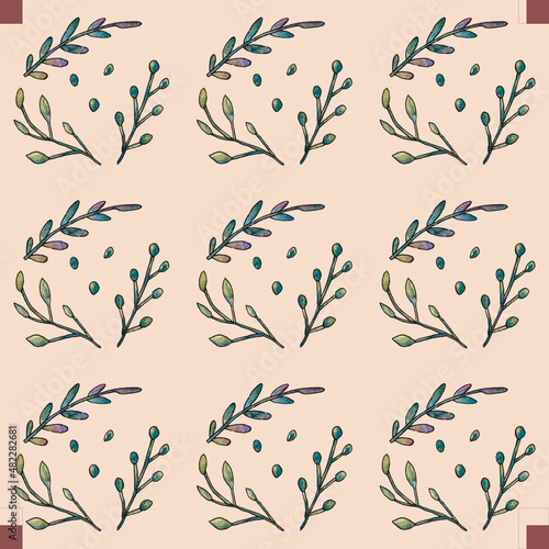 A seamless pattern with twigs and leaves on a beige background. Can be used for posters, banners, fabrics, covers, wallpapers, postcards, packaging paper, textiles.