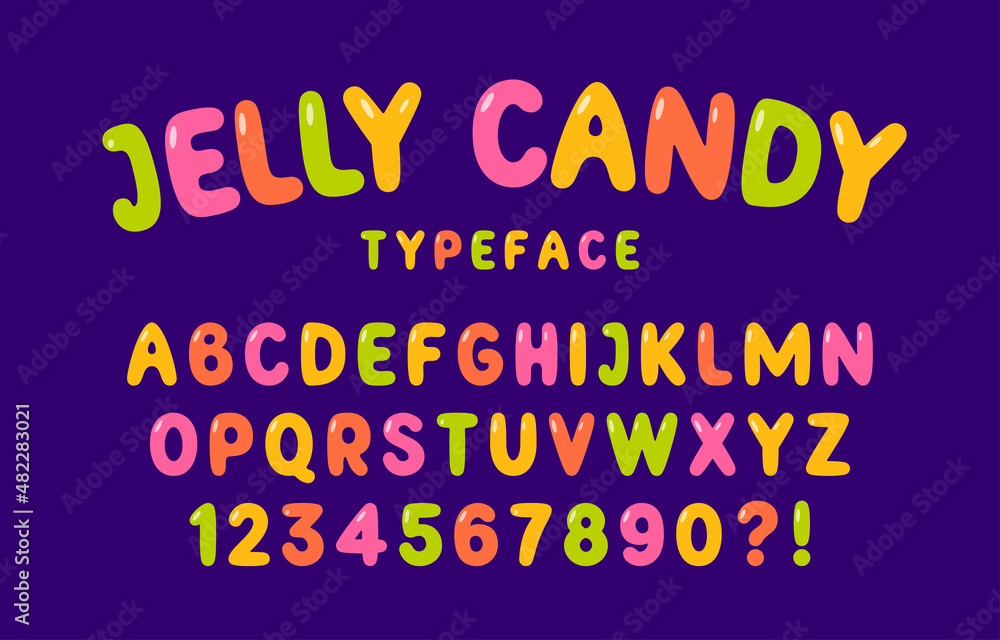 Jelly candy font. Multicolored vector uppercase alphabet and numbers