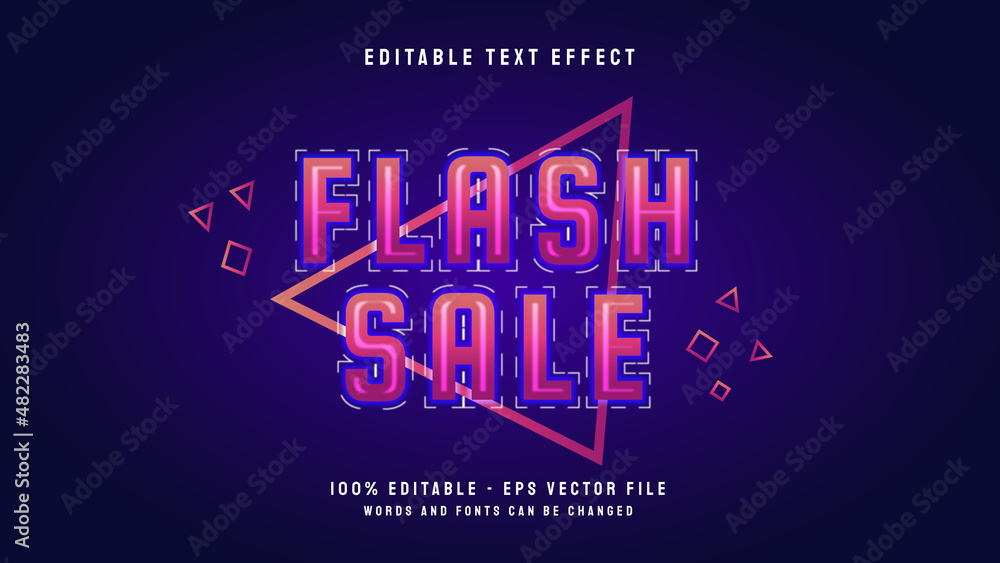 Flash sale editable text effect with neon style and line art vector template