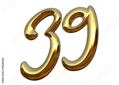 Isolated Golden Balloon, Number 39 or Thirty Nine in Gold Color, Alphabet for Anniversary or 39th Birthday Party, 3D illustration.