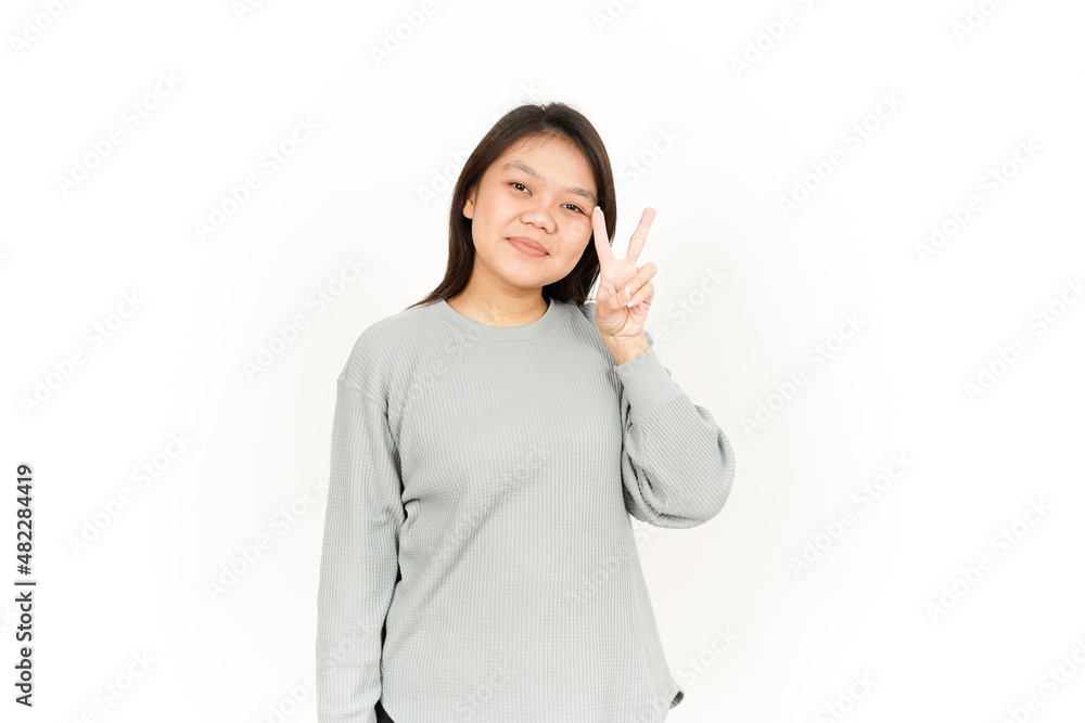 Showing Peace Sign Of Beautiful Asian Woman Isolated On White Background