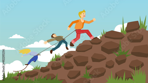 Boy runs up the hill at high speed. Drag a friend up the hill by tying them together. Lead a friend to a compulsory purpose. The soil and rocks on the mountain under the blue sky.