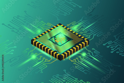 Futuristic microchip processor with lights on the blue background. Quantum computer, large data processing, Semiconductor; microchip,  car chip, database concept.