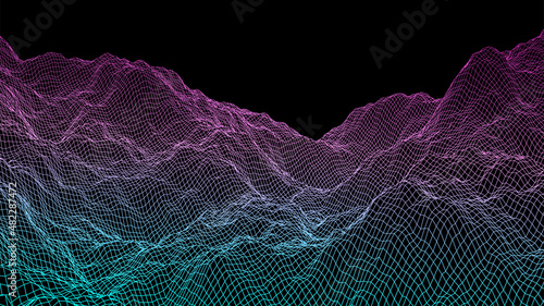 Abstract vector cyberspace terrain. Mountain landscape mesh illustration. 3d technology wireframe vector digital design.