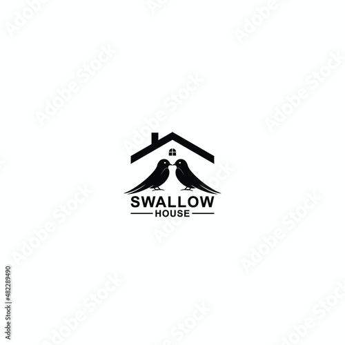 swallow house logo design, with a house shape and illustration of two swallows