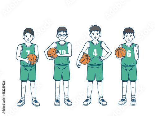 バスケットボール　男子　バスケ部　クラブ活動　部活　スポーツ　男の子　全身　イラスト