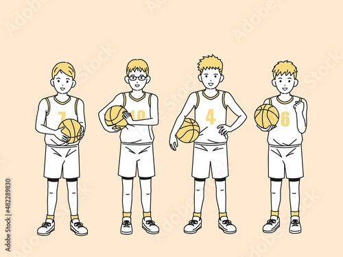 バスケットボール　男子　バスケ部　クラブ活動　部活　スポーツ　男の子　全身　イラスト