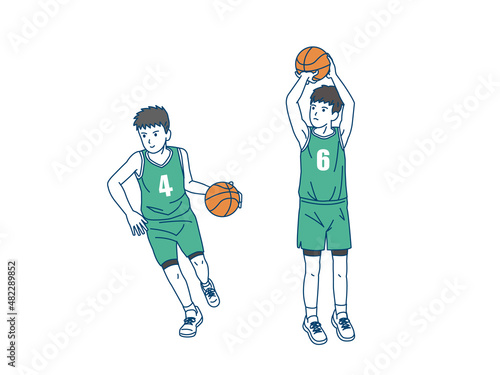 バスケットボール　男子　バスケ部　部活　スポーツ　男の子　ドリブル　シュート　イラスト