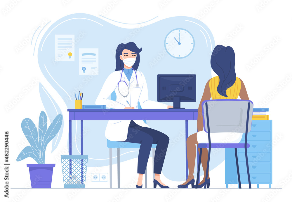 Woman Doctor in face mask conculting patient. Medcine, pandemic, lockdown therapy, health care, hospital workspace concept. Stock vector illustration in flat style isolated on white
